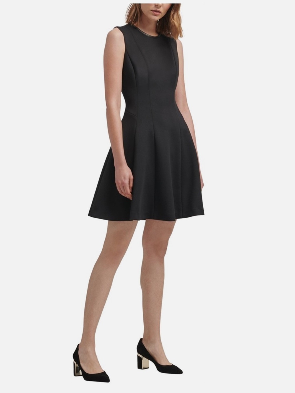 Dkny Black Sleeveless A-Line Midi Dress With Faux Leather Trim Large New